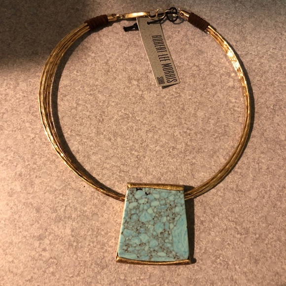 Robert Lee Morris Gold Tone Wire Collar Necklace Geometric Turquoise Pendant NWT - Picture 4 of 12